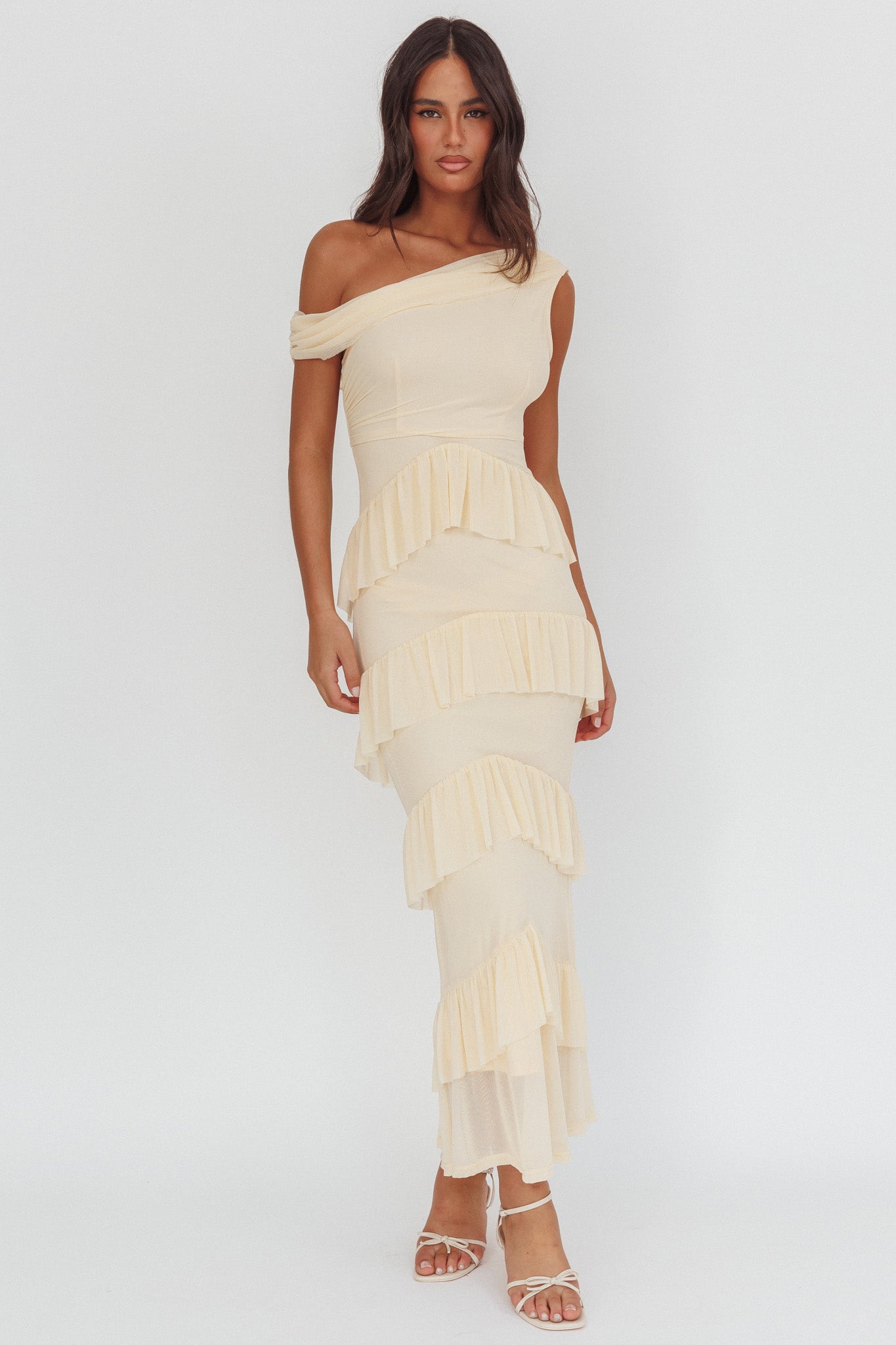 Anaisa Asymmetric Neckline Frill Maxi Dress Cream by Selfie Leslie Australia