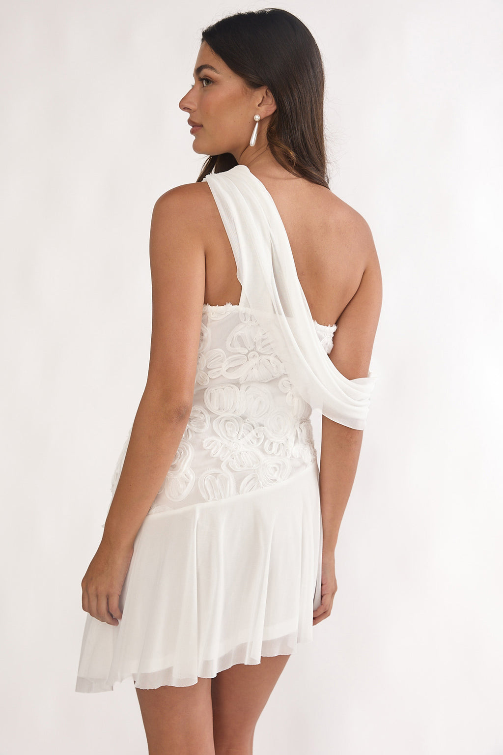 Anaisa One-Shoulder Draped Mini Dress Embellished Off White by Selfie Leslie Australia