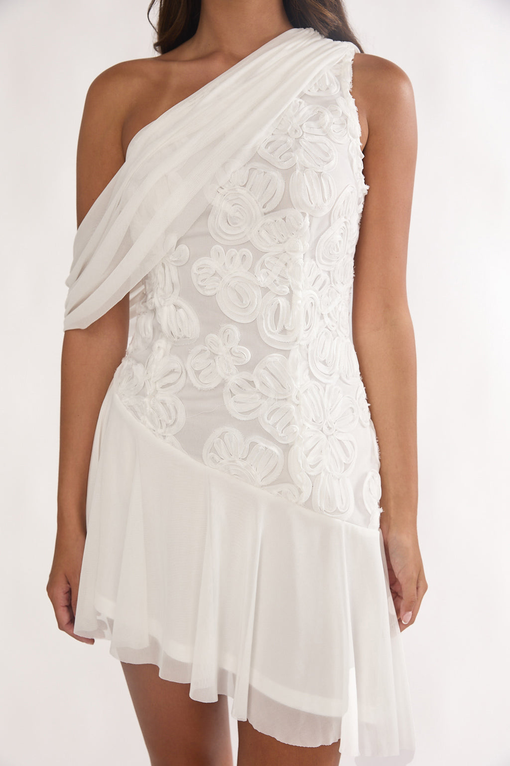 Anaisa One-Shoulder Draped Mini Dress Embellished Off White by Selfie Leslie Australia