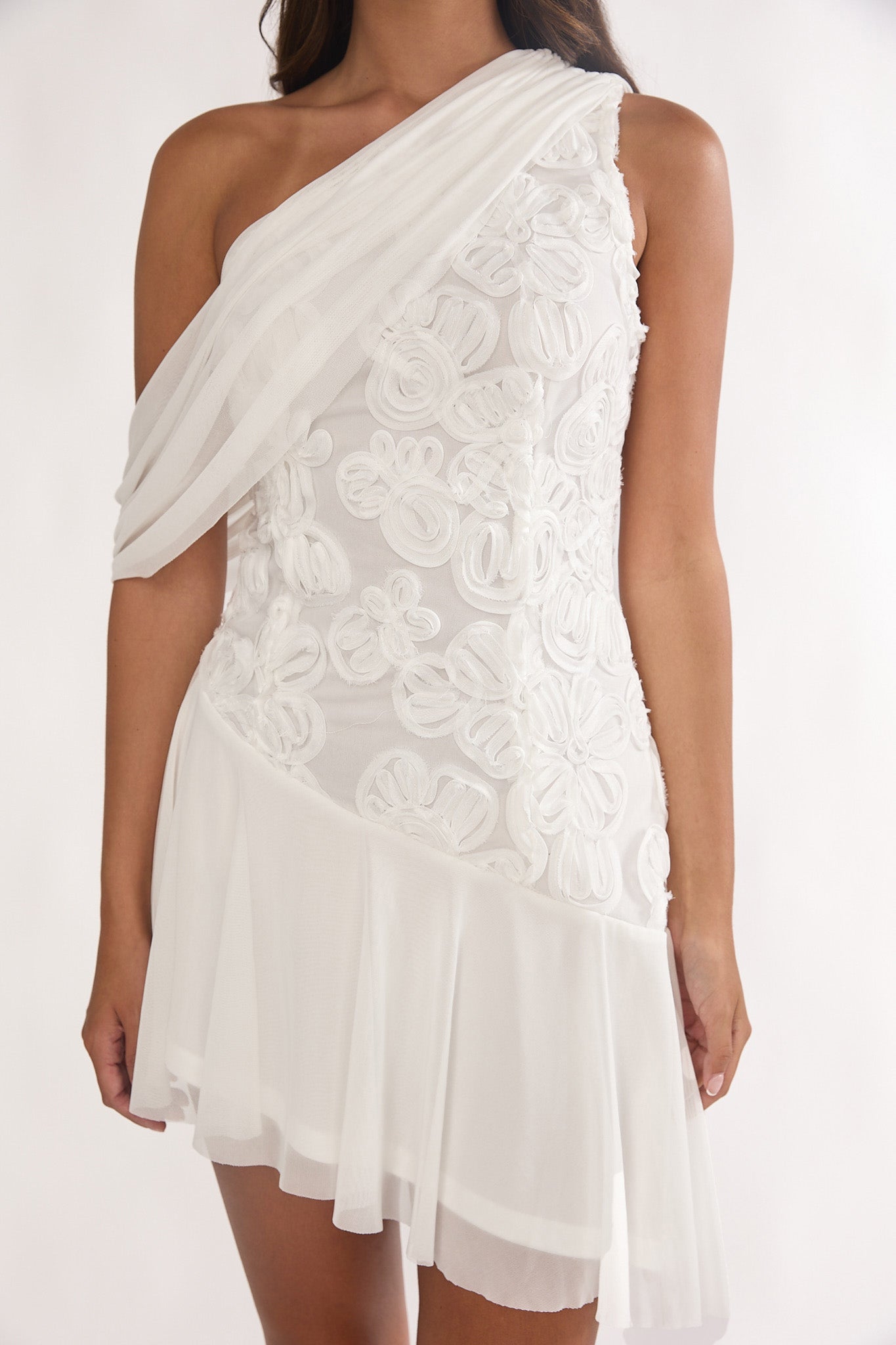 Anaisa One-Shoulder Draped Mini Dress Embellished Off White by Selfie Leslie Australia