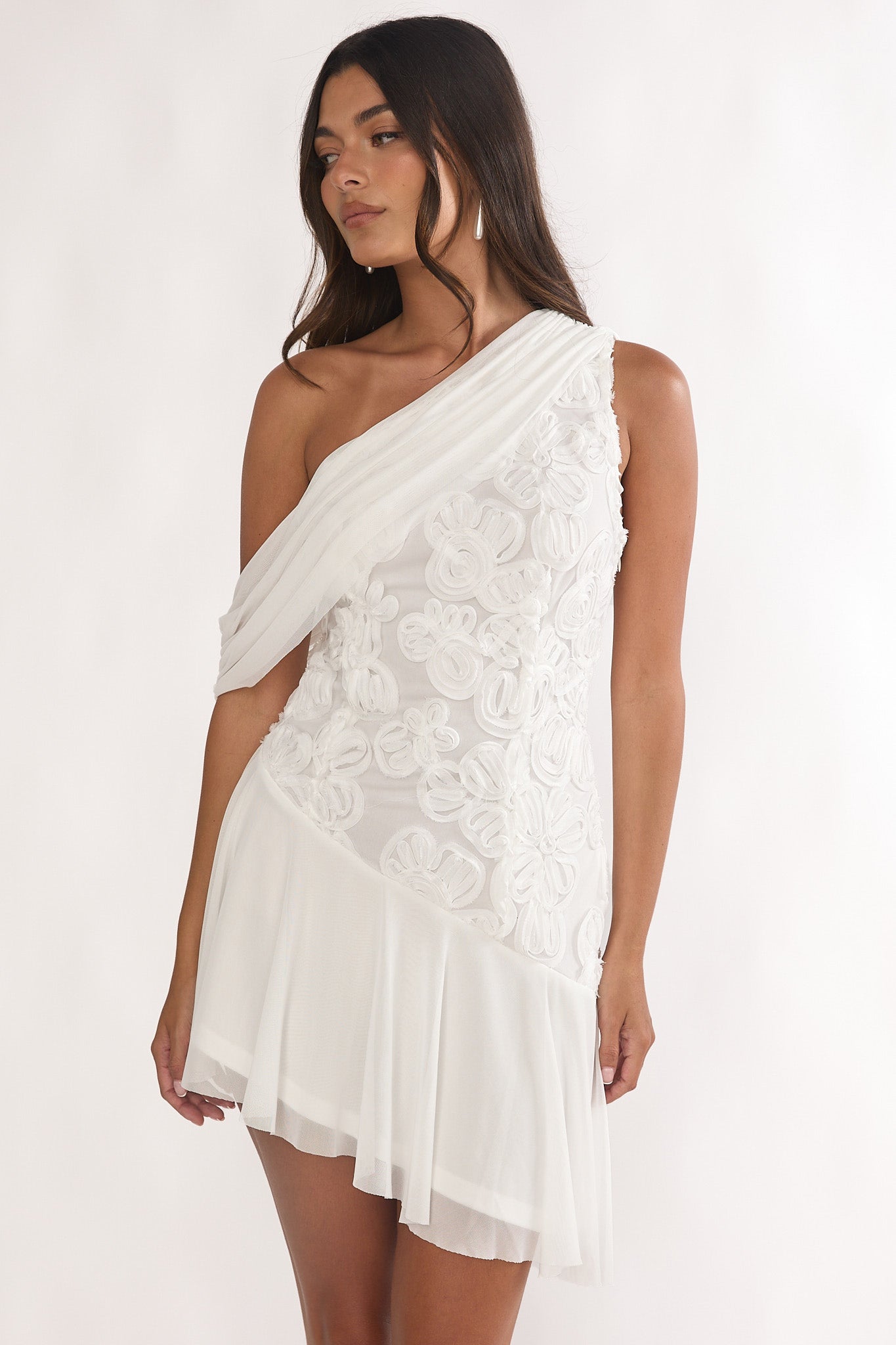 Anaisa One-Shoulder Draped Mini Dress Embellished Off White by Selfie Leslie Australia