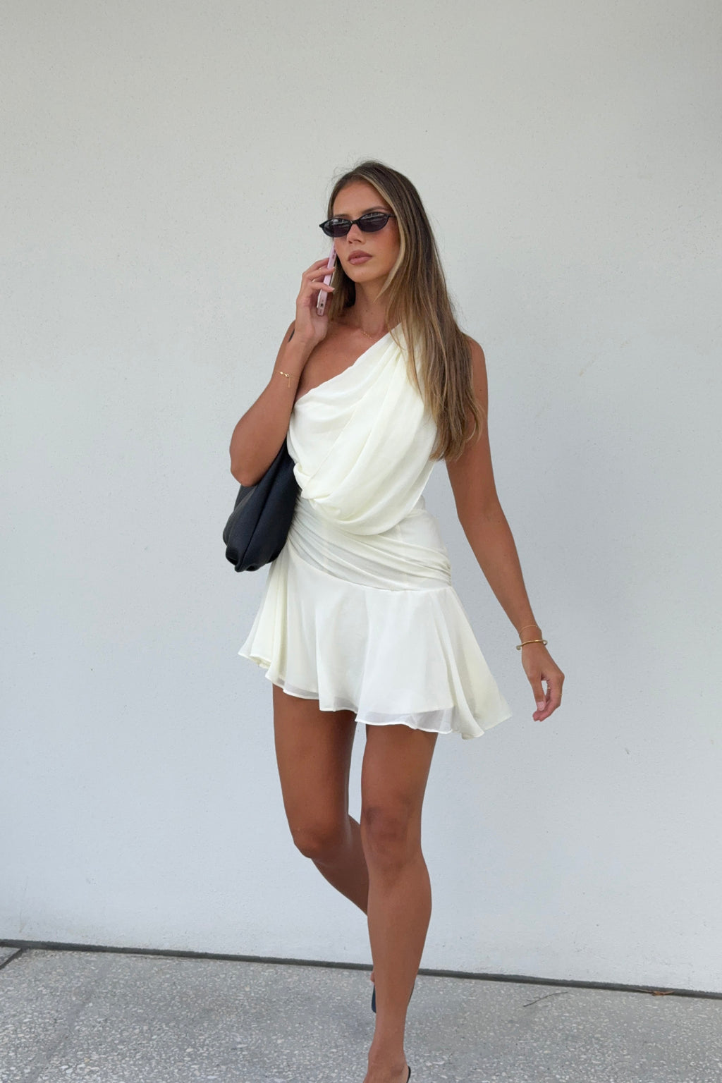 Anaisa One-Shoulder Draped Mini Dress Cream by Selfie Leslie Australia