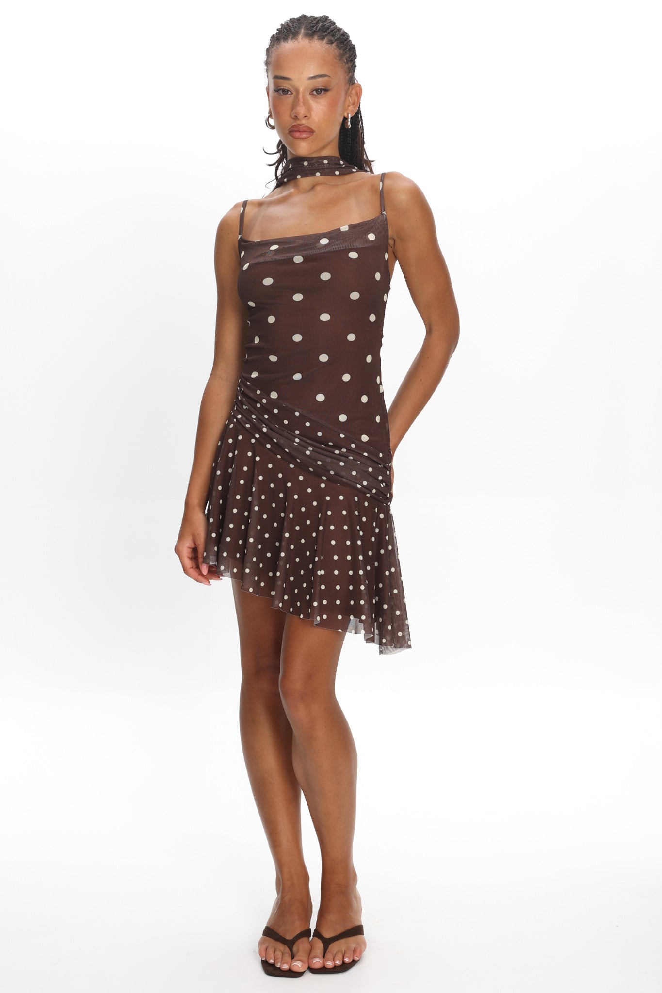 Anaisa Asymmetric Hem Mini Dress Polka Dot Chocolate by Selfie Leslie Australia
