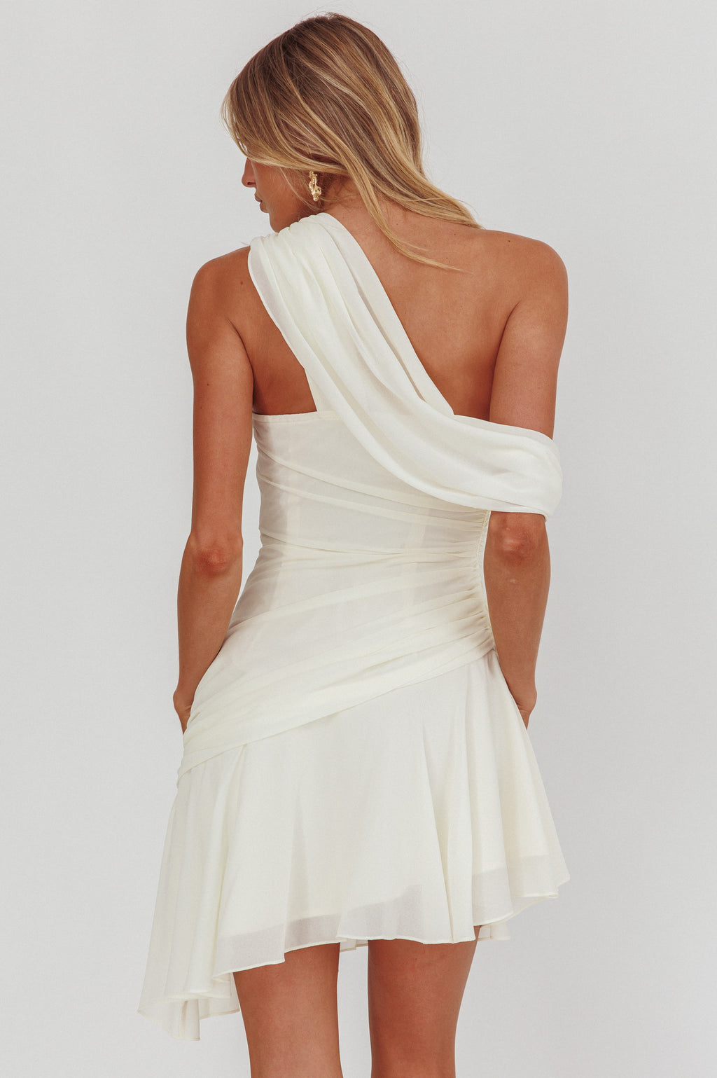 Anaisa One-Shoulder Draped Mini Dress Cream by Selfie Leslie Australia