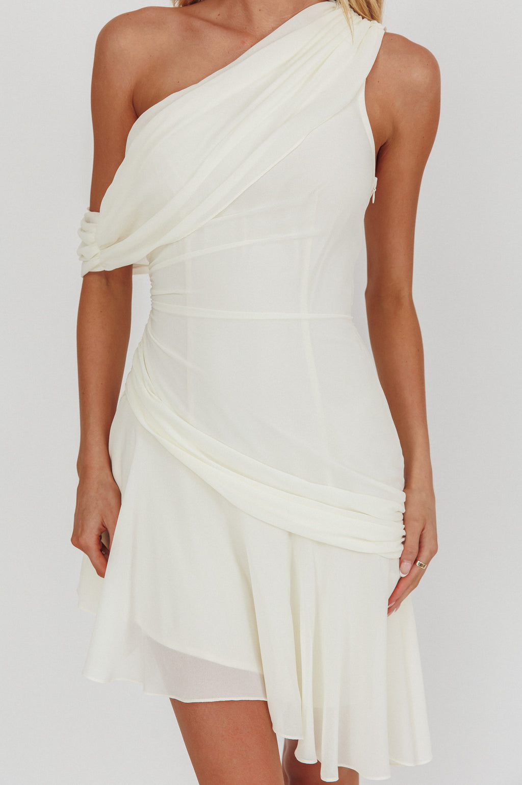 Anaisa One-Shoulder Draped Mini Dress Cream by Selfie Leslie Australia