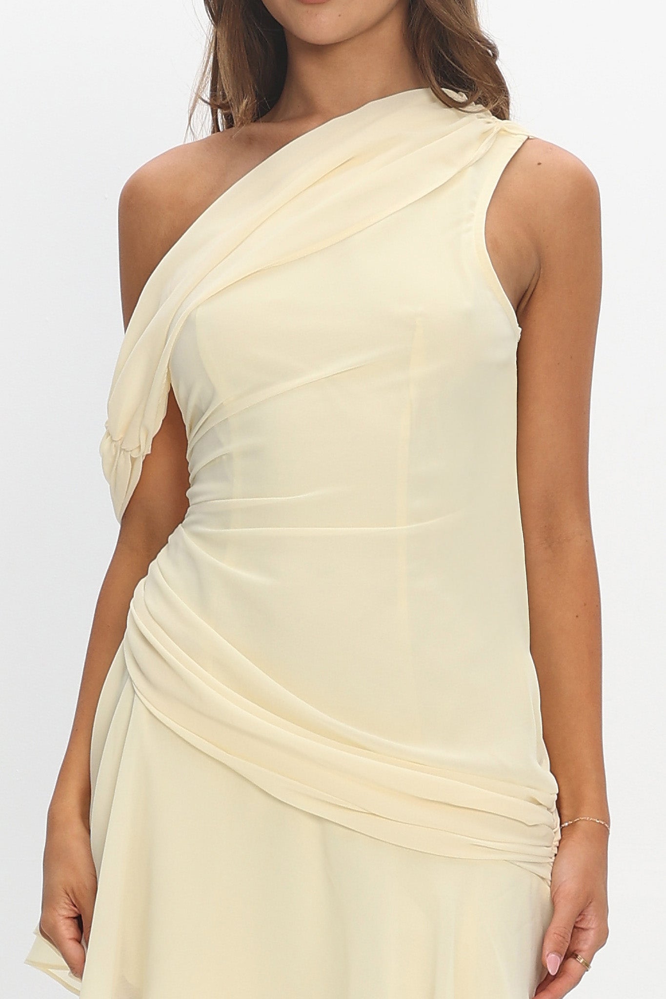 Anaisa One-Shoulder Draped Mini Dress Butter by Selfie Leslie Australia
