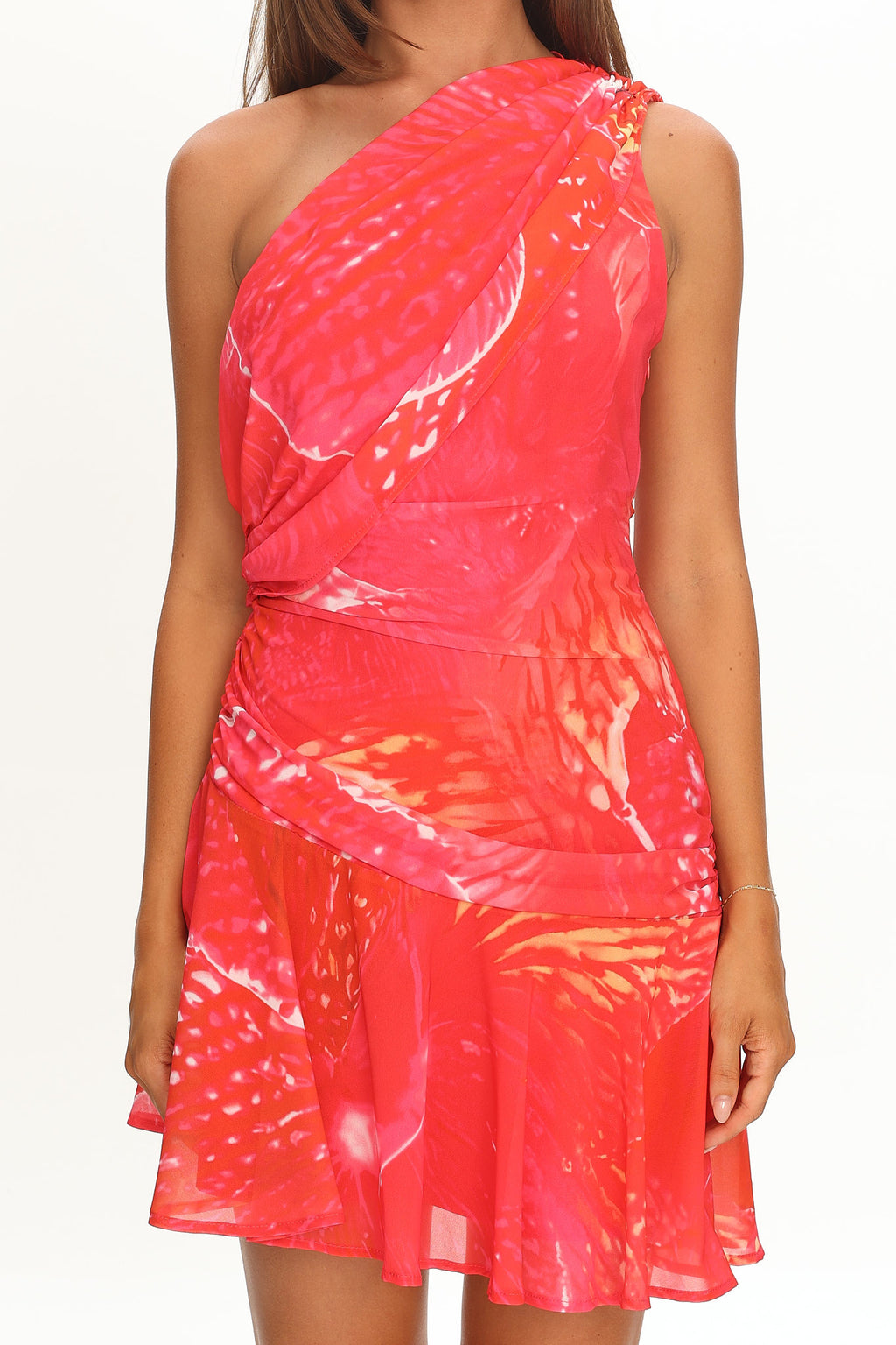Anaisa One-Shoulder Draped Mini Dress Print Red by Selfie Leslie Australia