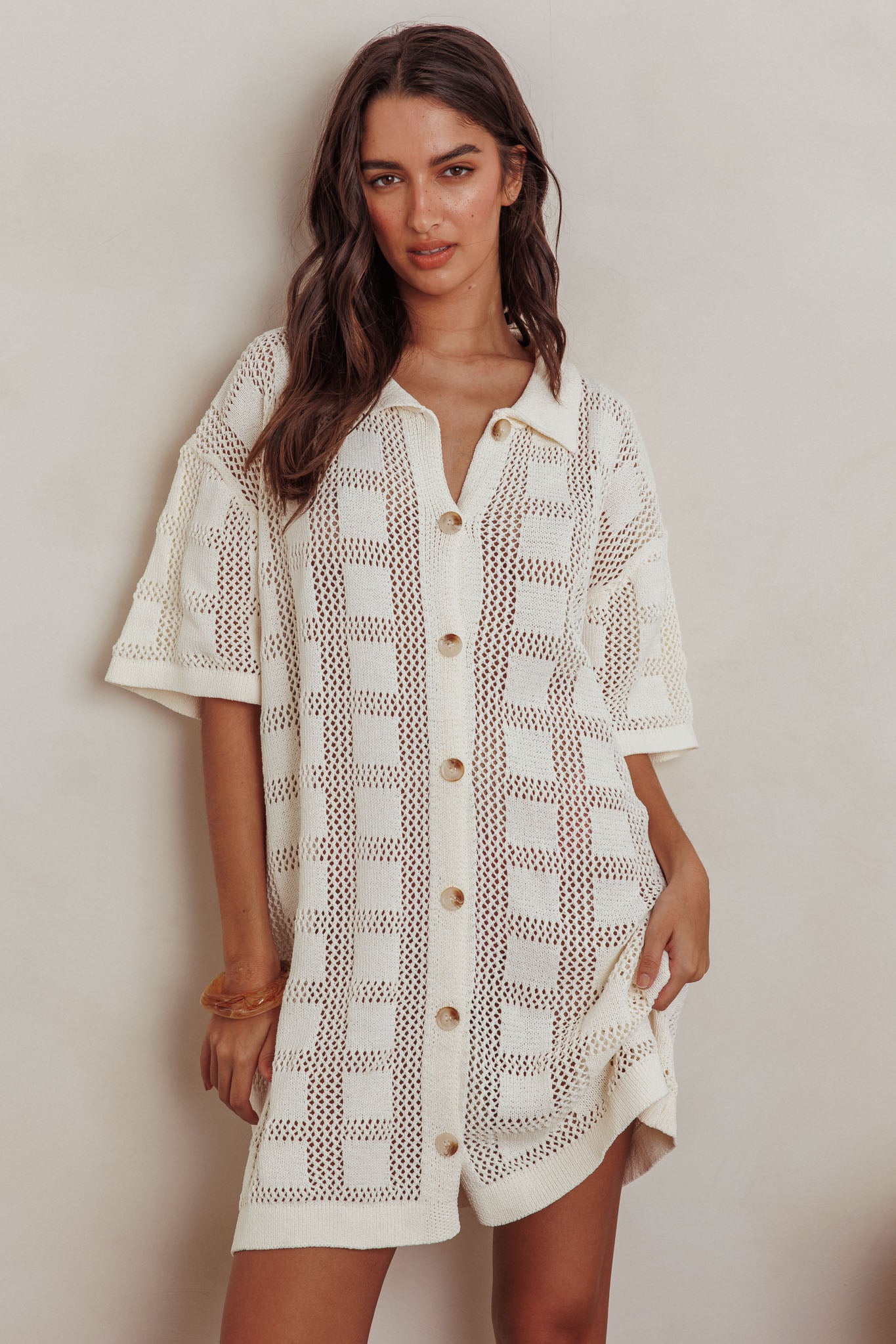 Best Friend Knit Shirt Dress Beige by Selfie Leslie Australia