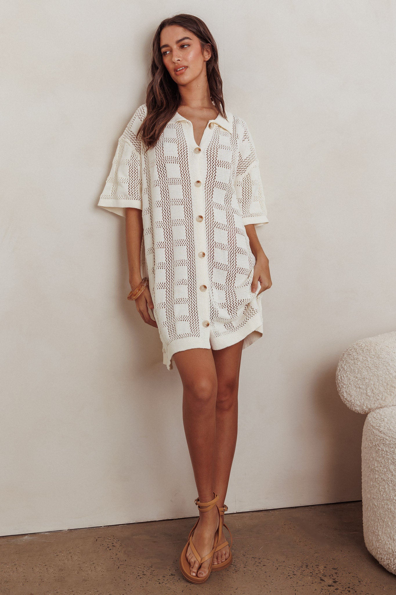 Best Friend Knit Shirt Dress Beige by Selfie Leslie Australia