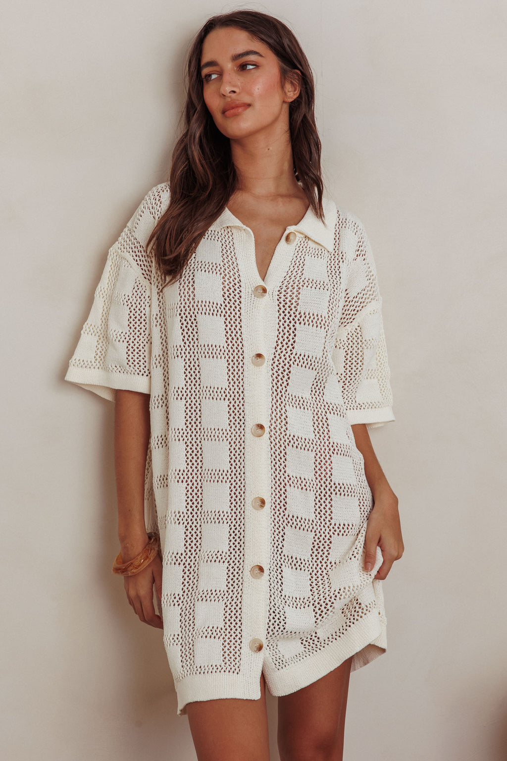 Best Friend Knit Shirt Dress Beige by Selfie Leslie Australia