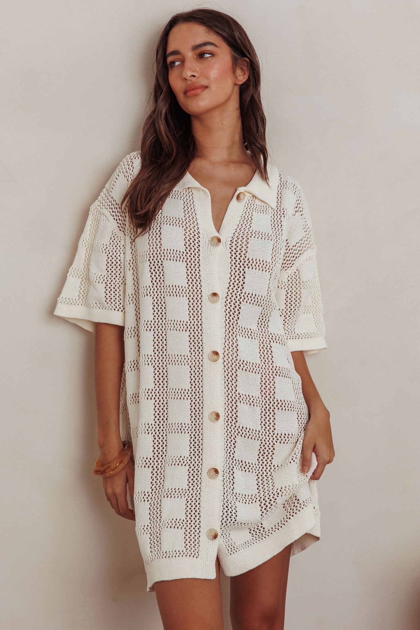 Best Friend Knit Shirt Dress Beige by Selfie Leslie Australia