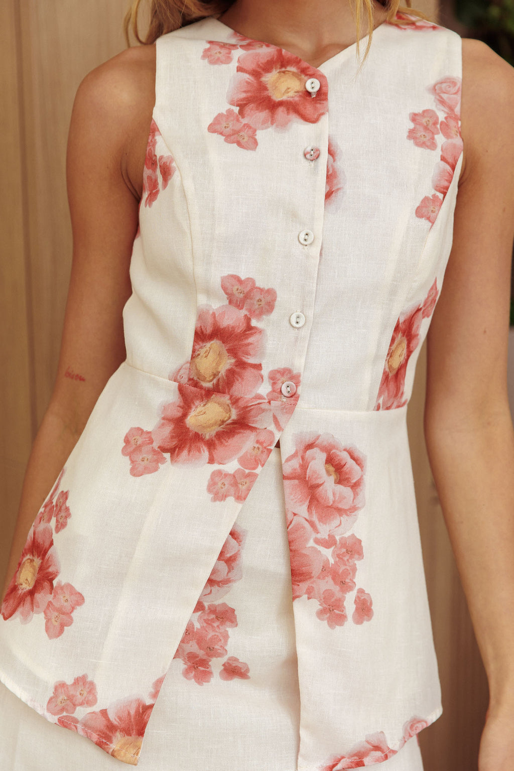 Sunlit Grove Button Front Top Floral Cream/Red by Selfie Leslie Australia