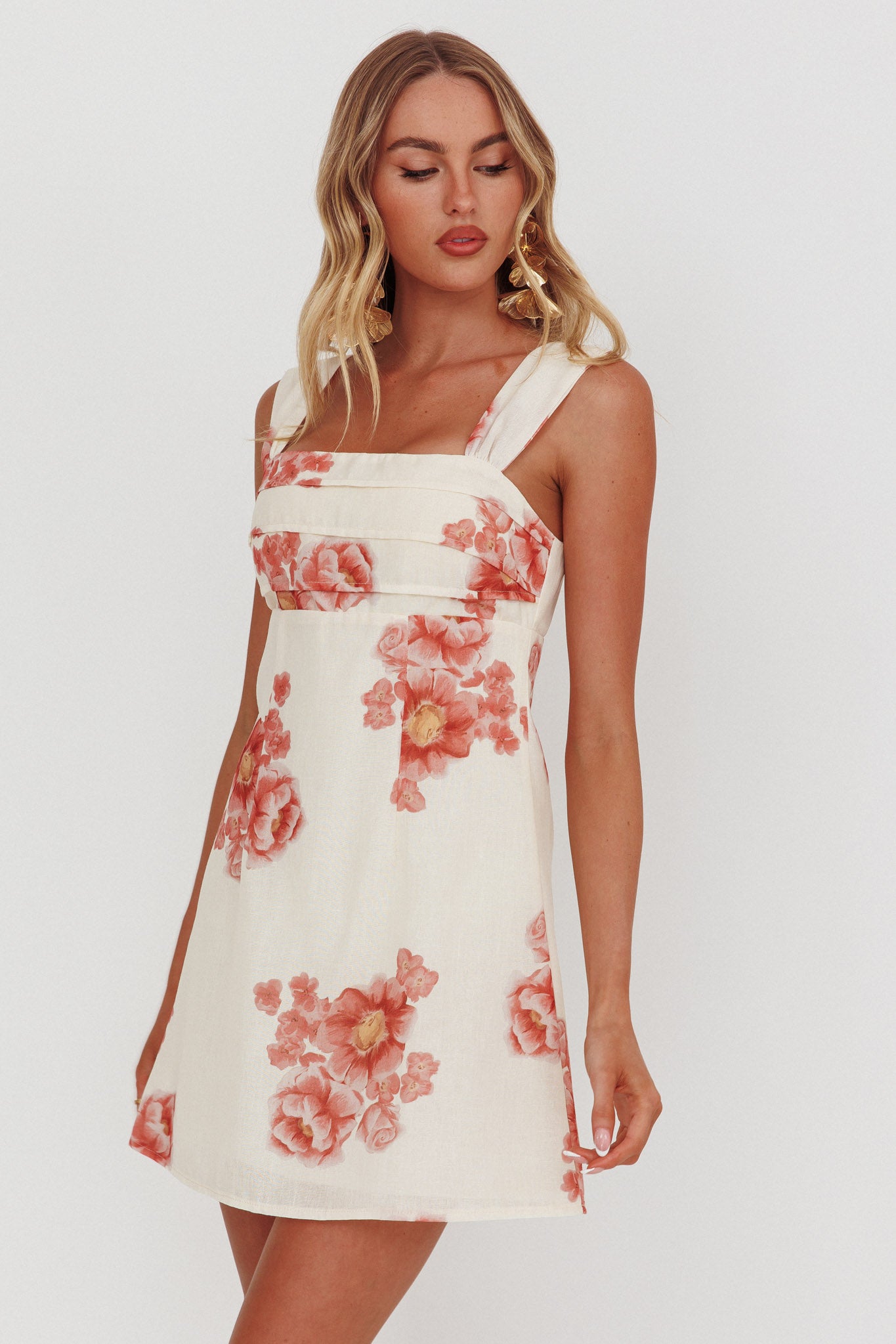 Dixon Pintuck Pleat Mini Dress Floral Beige | Selfie Leslie Australia