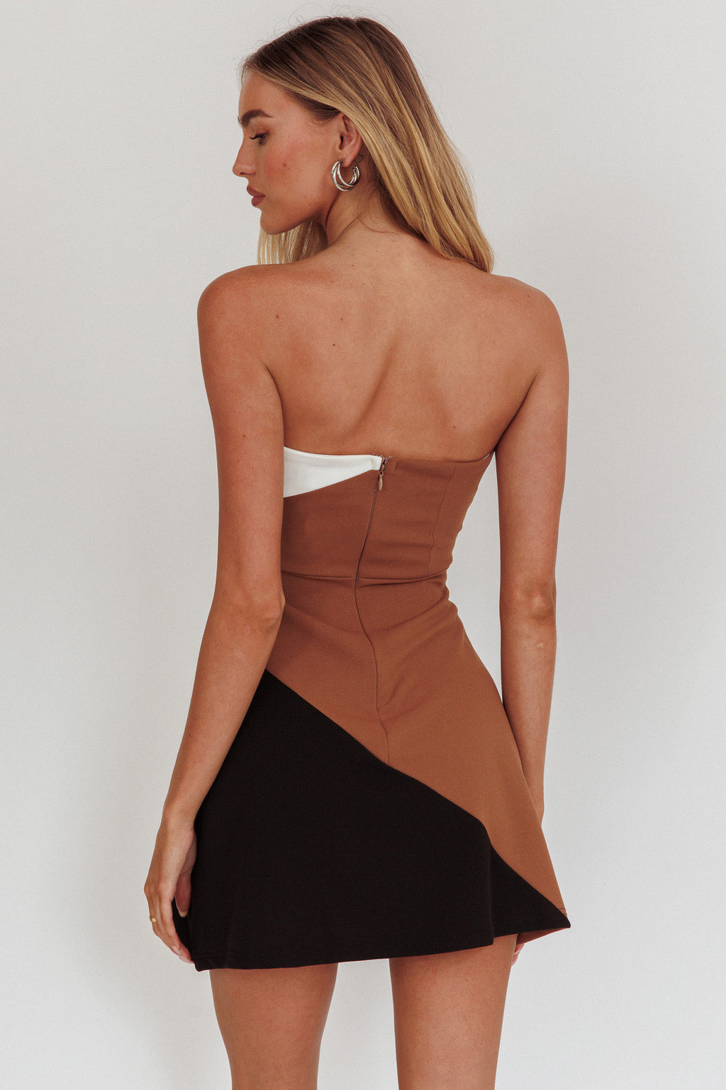 Kindle Strapless Contrast Panels Mini Dress Tan Multi by Selfie Leslie Australia