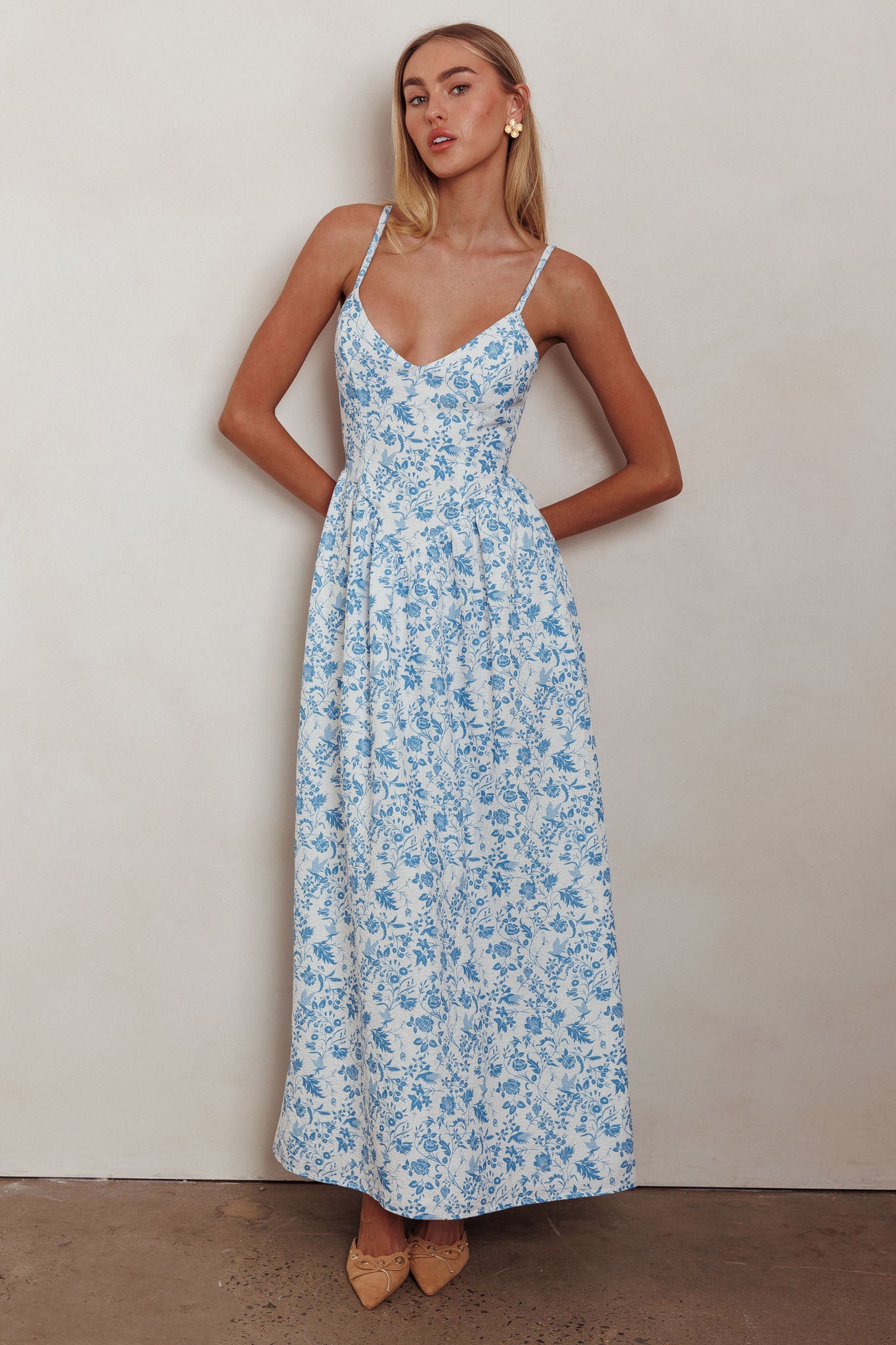 Enchanted Leaf Floral Print A-Line Maxi Dress Blue by Selfie Leslie Australia