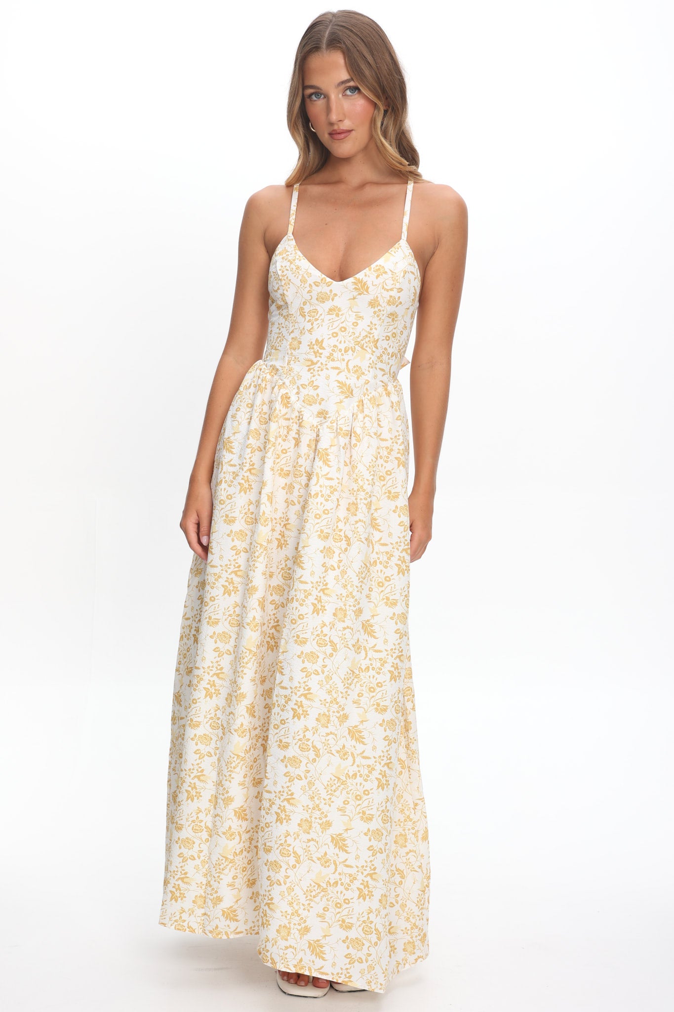 Enchanted Leaf Floral Print A-Line Maxi Dress Yellow by Selfie Leslie Australia
