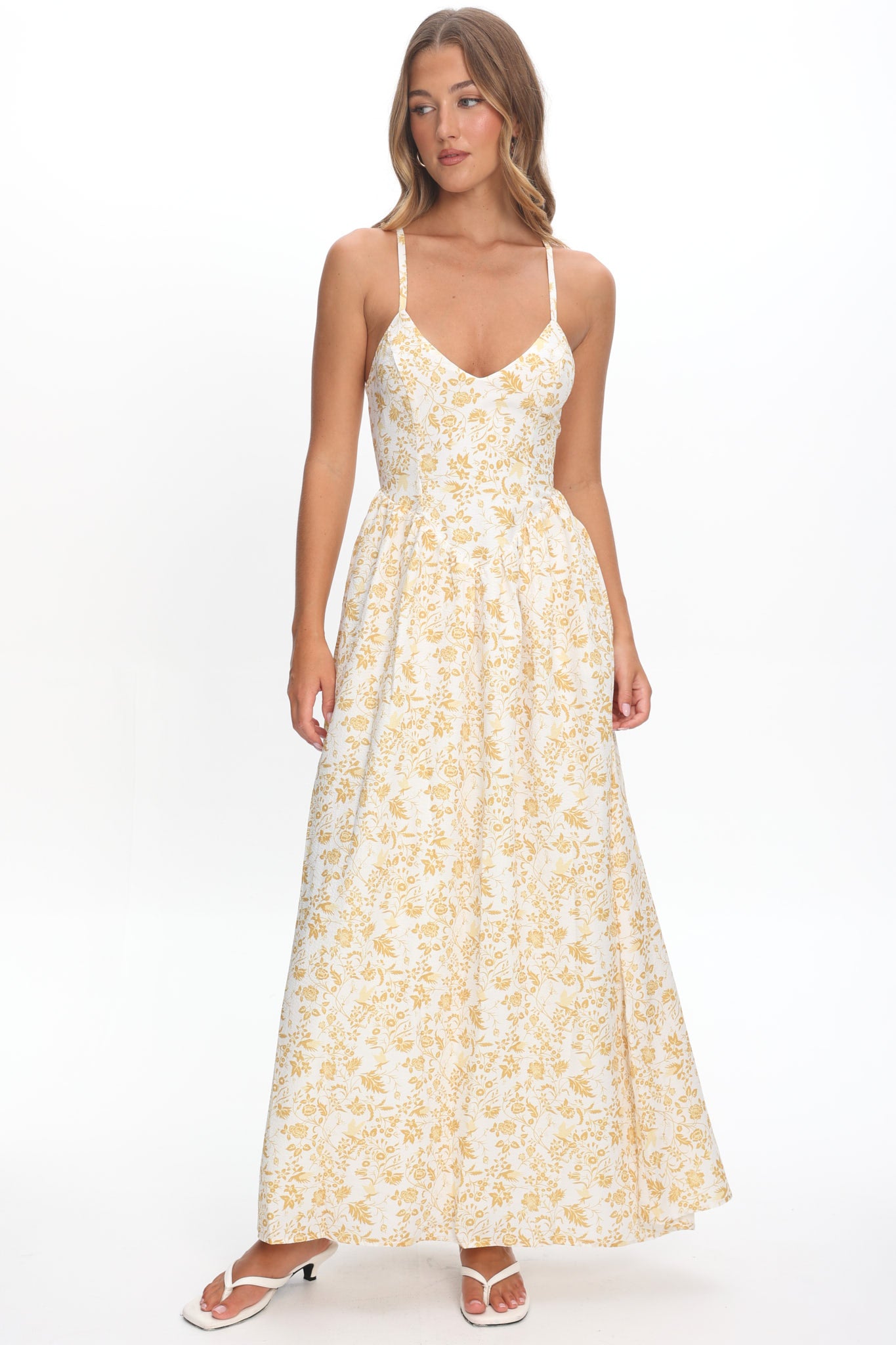 Enchanted Leaf Floral Print A-Line Maxi Dress Yellow by Selfie Leslie Australia
