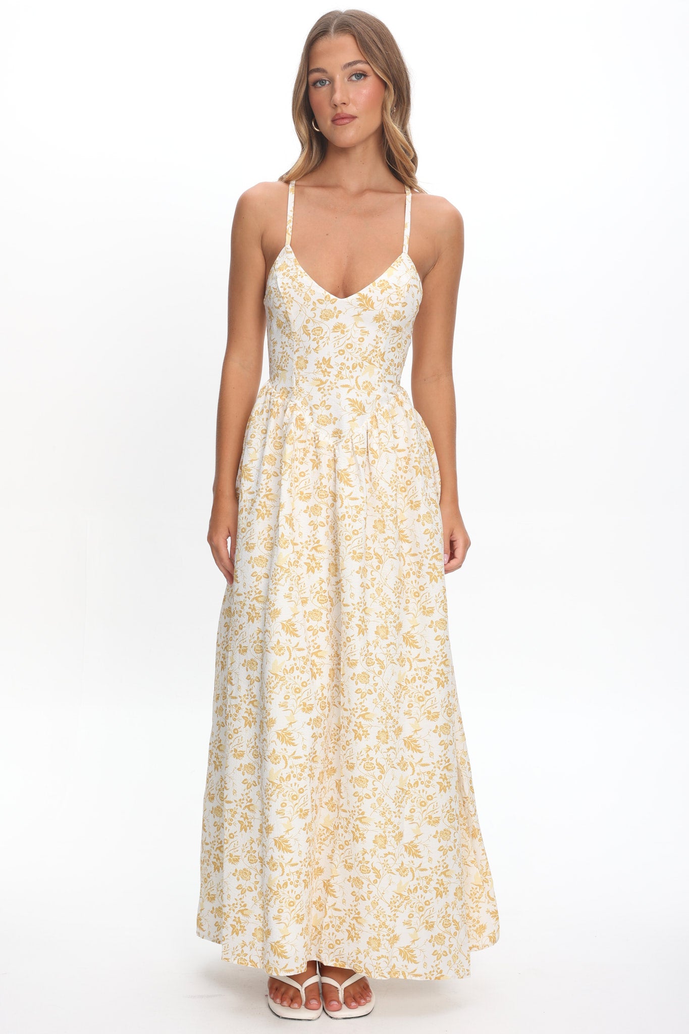 Enchanted Leaf Floral Print A-Line Maxi Dress Yellow by Selfie Leslie Australia