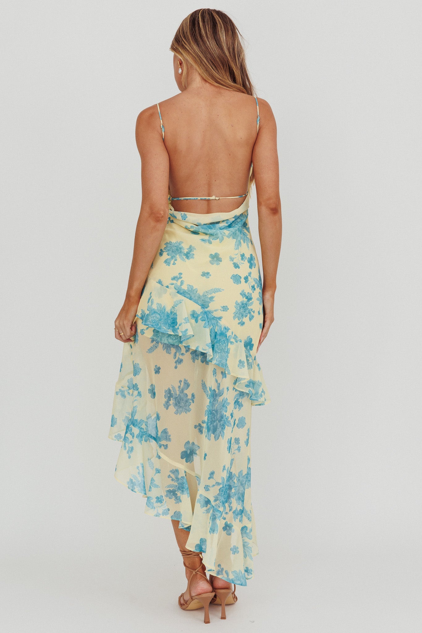 Chances Rosette Ruffle Midi Dress Floral Lemon by Selfie Leslie Australia