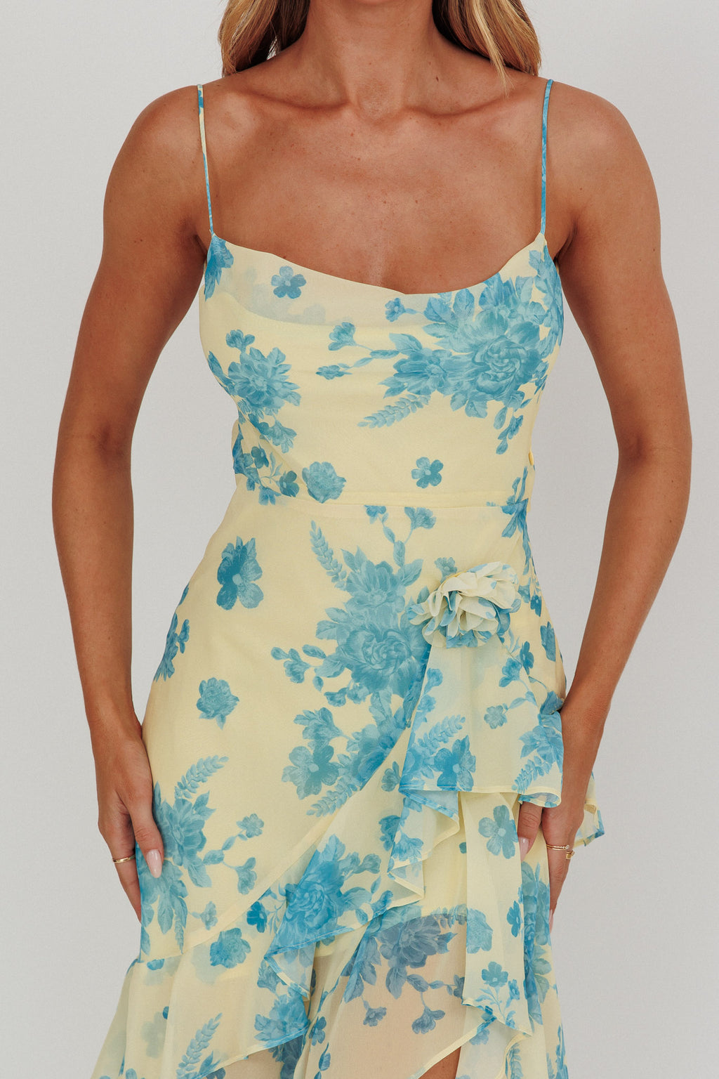Chances Rosette Ruffle Midi Dress Floral Lemon by Selfie Leslie Australia