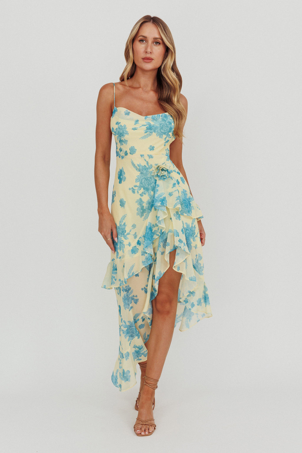 Chances Rosette Ruffle Midi Dress Floral Lemon by Selfie Leslie Australia