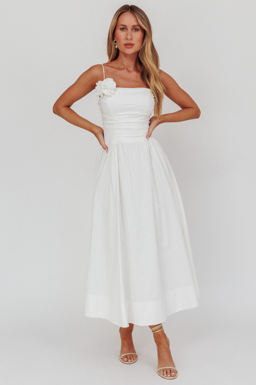 Ezrah A-Line Rosette Maxi Dress White by Selfie Leslie Australia