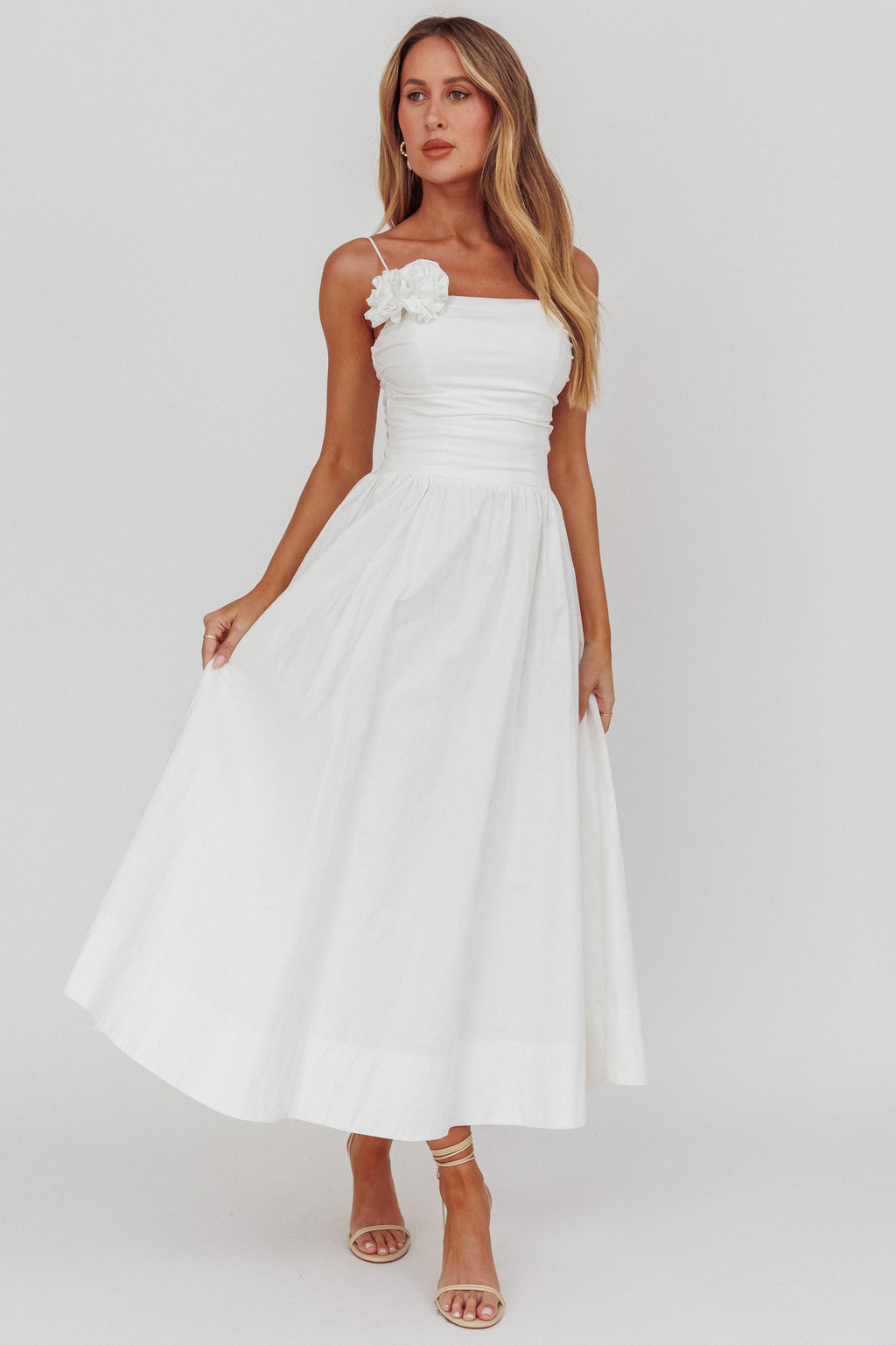 Ezrah A-Line Rosette Maxi Dress White by Selfie Leslie Australia