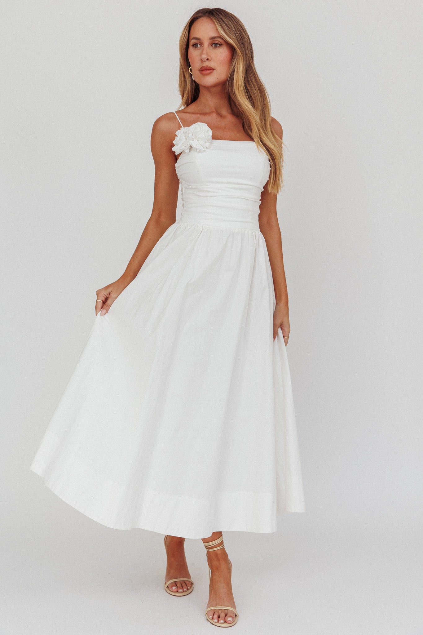 Ezrah A-Line Rosette Maxi Dress White by Selfie Leslie Australia