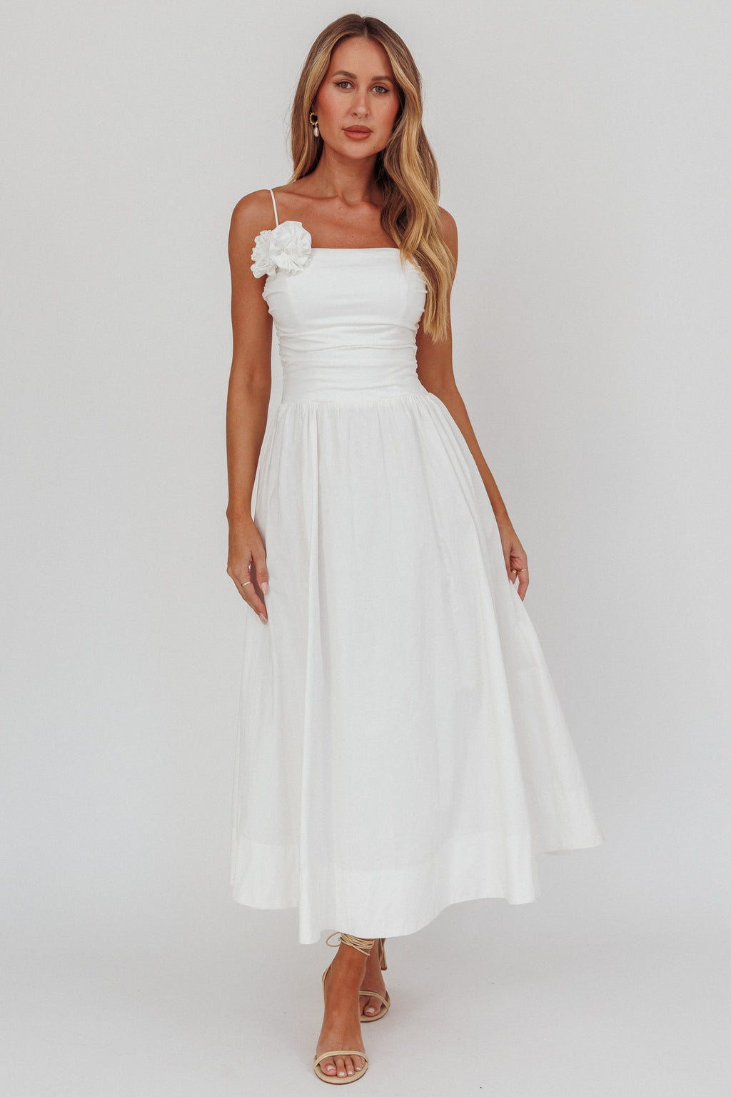 Ezrah A-Line Rosette Maxi Dress White by Selfie Leslie Australia