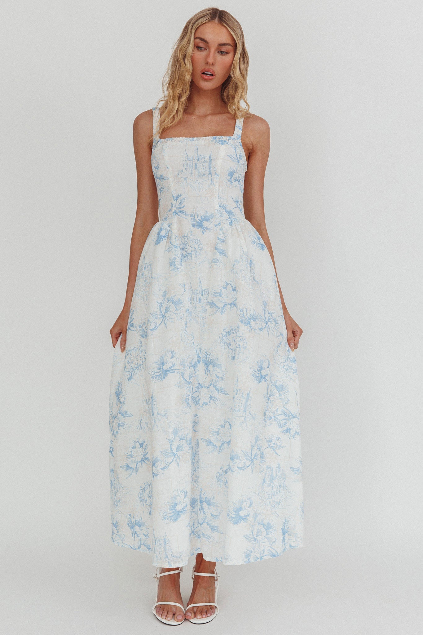 El Corazon Smocked Neckline Maxi Dress Print Blue by Selfie Leslie Australia