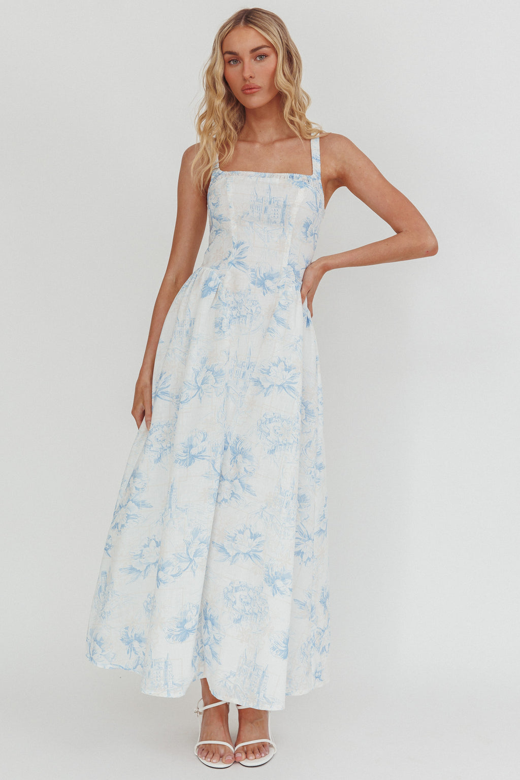 El Corazon Smocked Neckline Maxi Dress Print Blue by Selfie Leslie Australia