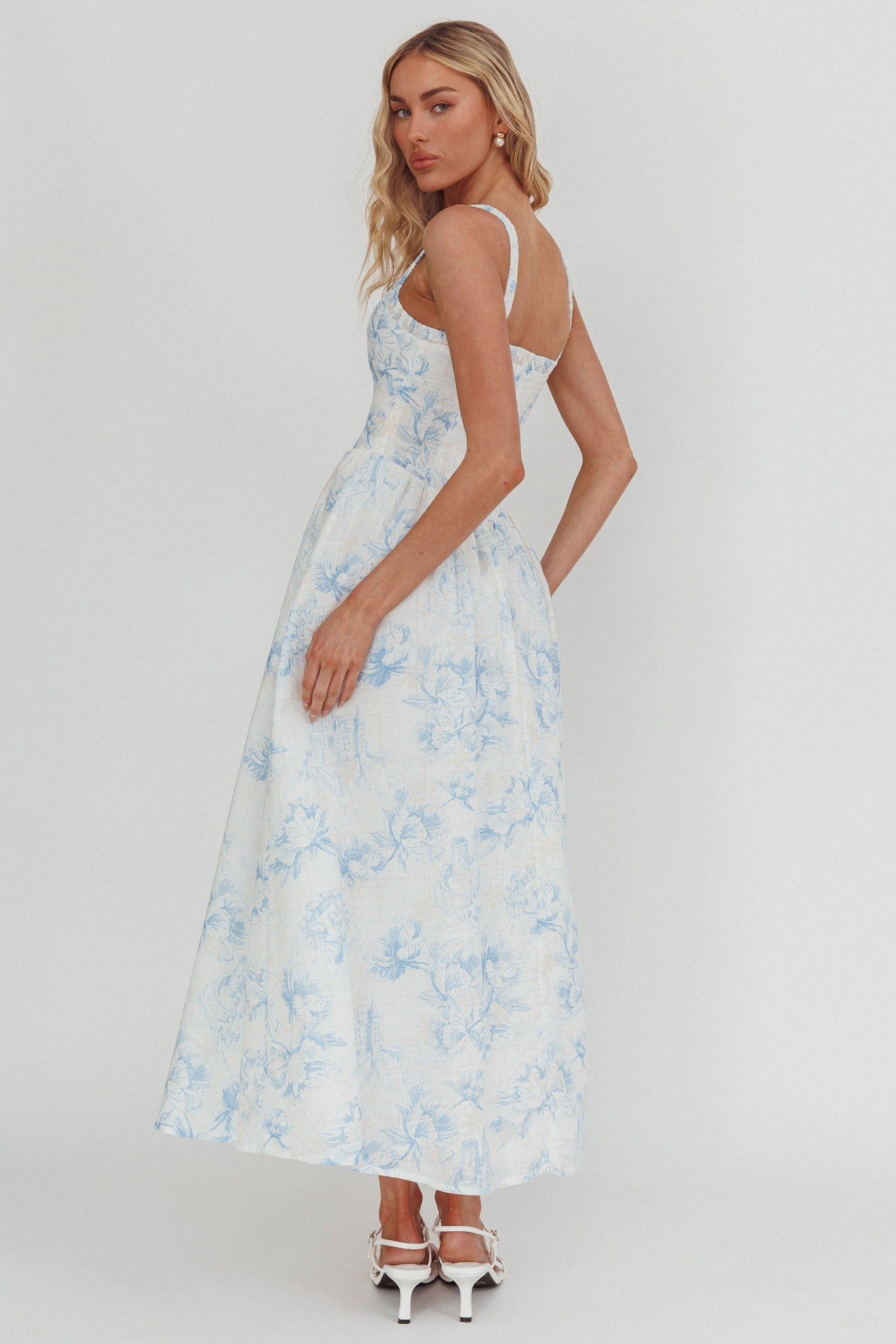 El Corazon Smocked Neckline Maxi Dress Print Blue by Selfie Leslie Australia