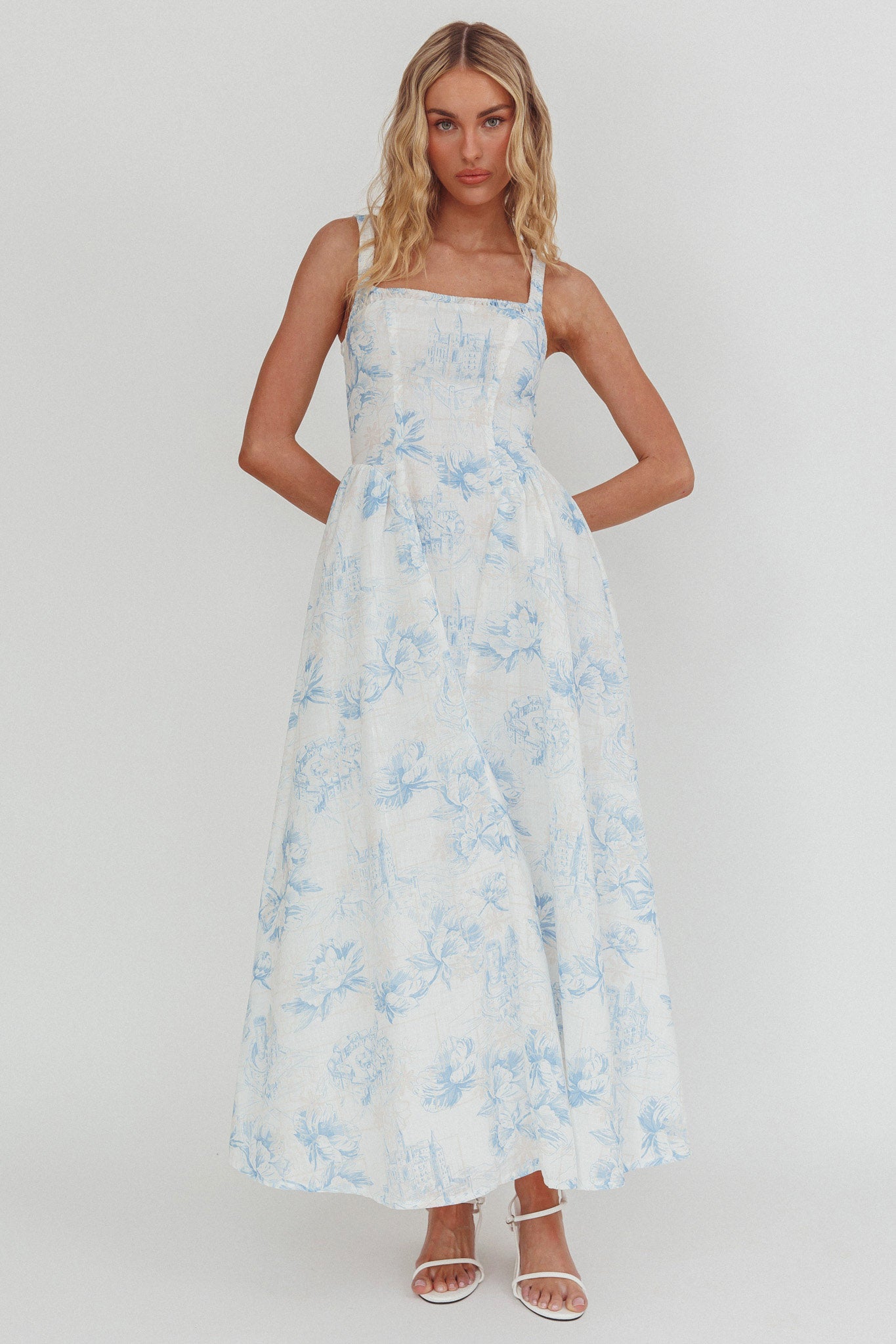 El Corazon Smocked Neckline Maxi Dress Print Blue by Selfie Leslie Australia
