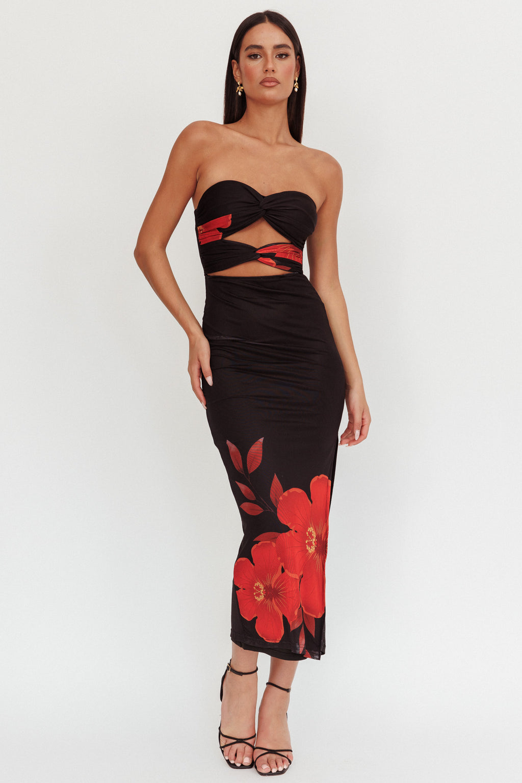 Silah Twist Bodice Maxi Dress Hibiscus Black by Selfie Leslie Australia