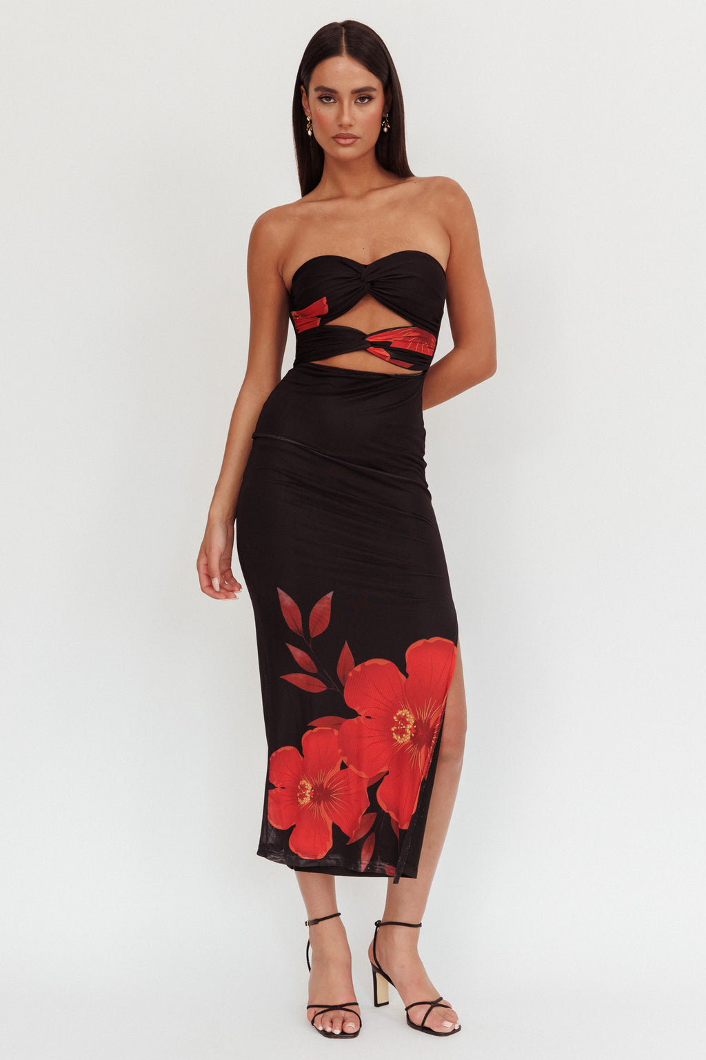Silah Twist Bodice Maxi Dress Hibiscus Black by Selfie Leslie Australia
