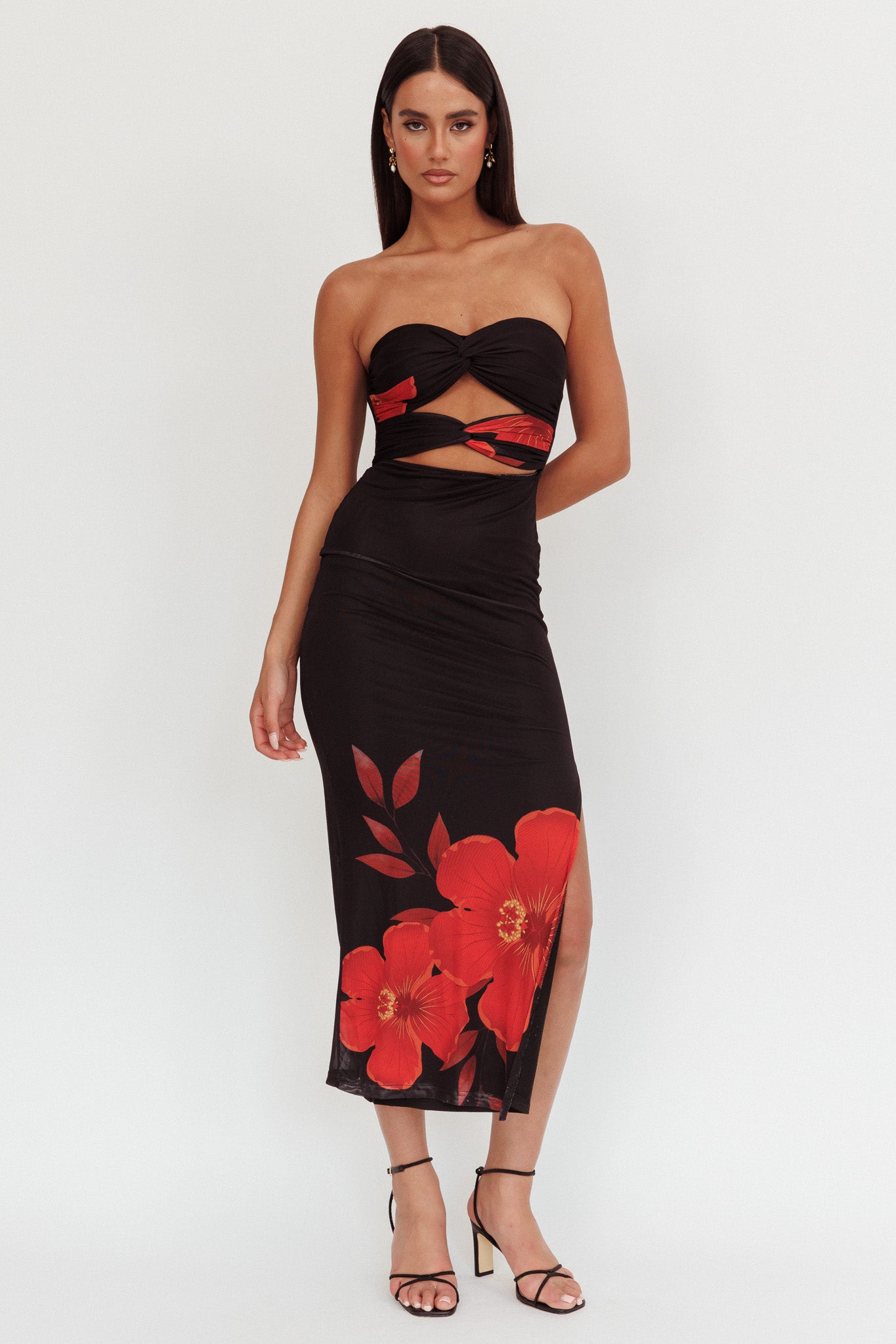 Silah Twist Bodice Maxi Dress Hibiscus Black by Selfie Leslie Australia