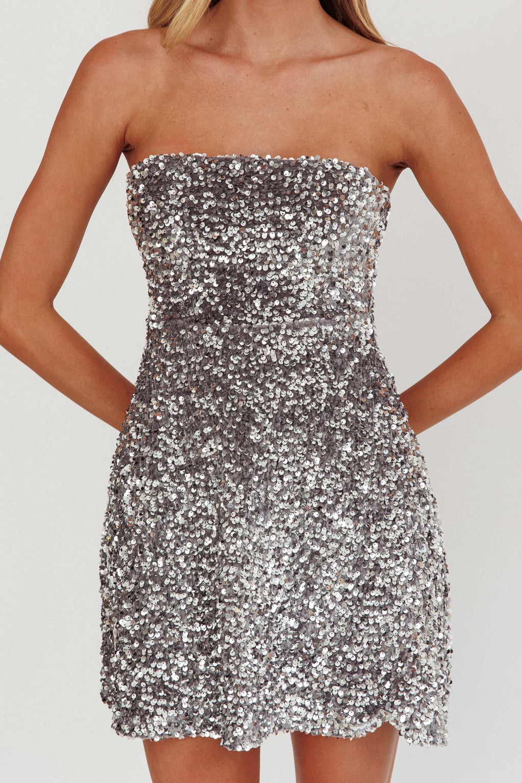 Heart To Heart Strapless Sequin Mini Dress Silver by Selfie Leslie Australia