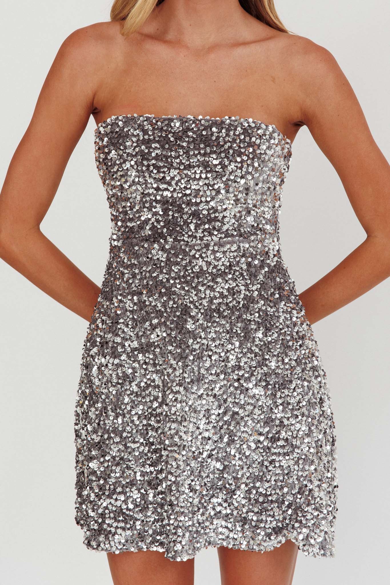 Heart To Heart Strapless Sequin Mini Dress Silver by Selfie Leslie Australia