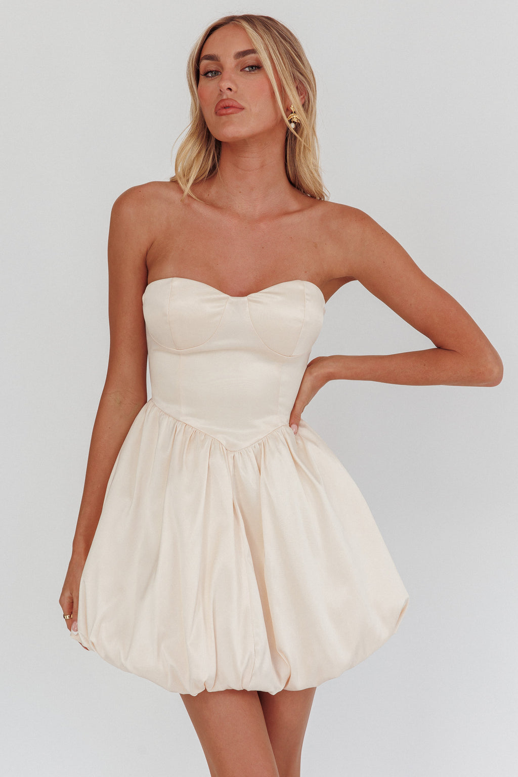 For Love Strapless Balloon Skirt Mini Dress Panna Cotta by Selfie Leslie Australia