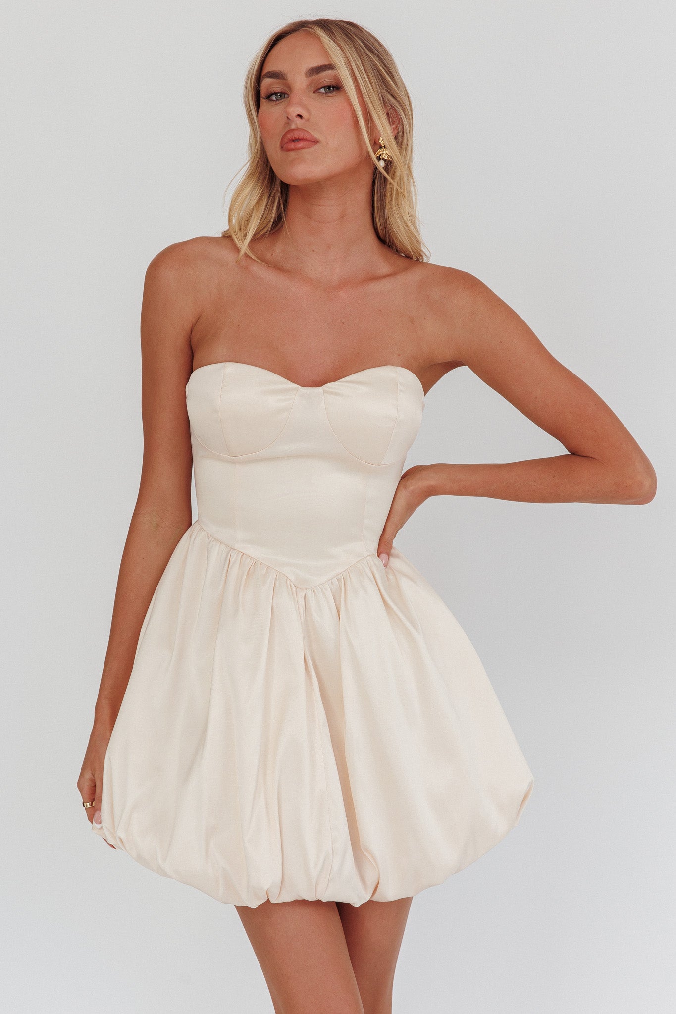 For Love Strapless Balloon Skirt Mini Dress Panna Cotta by Selfie Leslie Australia