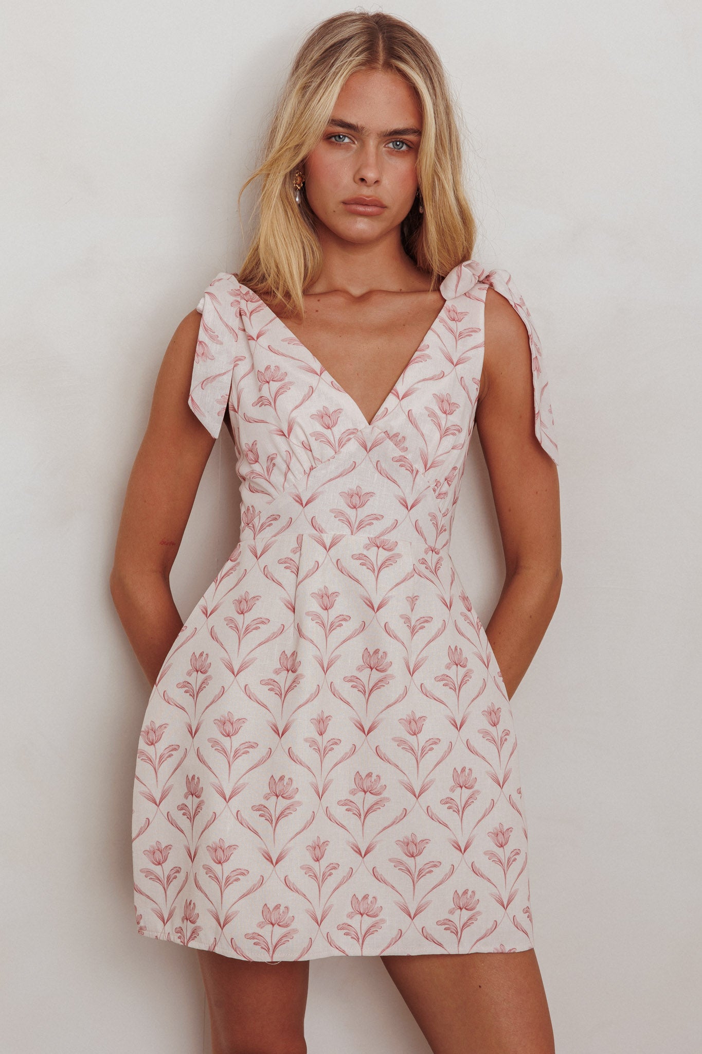 Glam Up Tied Shoulder Mini Dress Beige by Selfie Leslie Australia