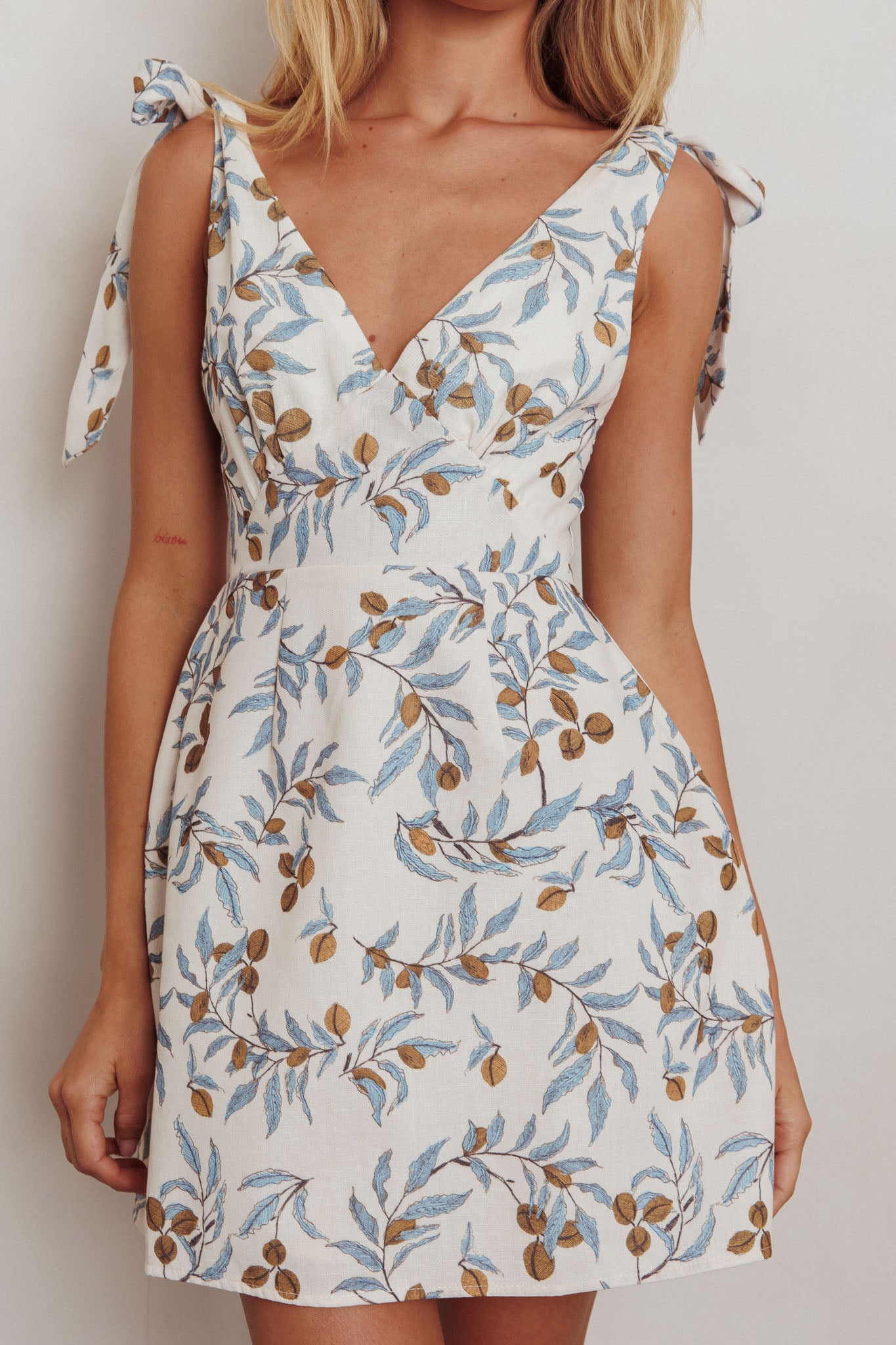 Glam Up Tied Shoulder Mini Dress Leaves Beige by Selfie Leslie Australia