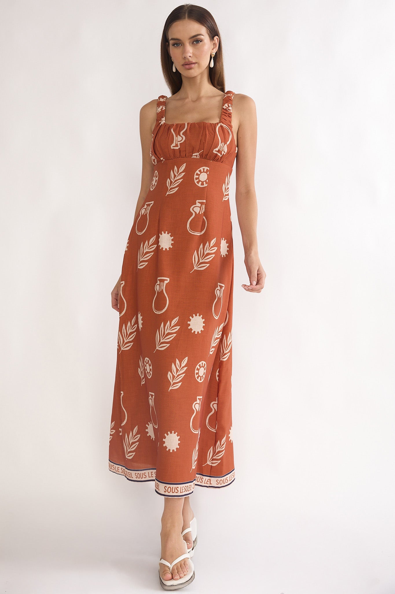 Aila Gathered Bust Maxi Dress Print Tan by Selfie Leslie Australia