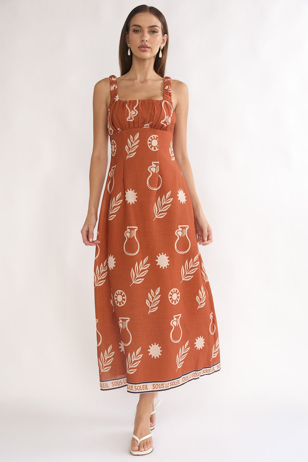 Aila Gathered Bust Maxi Dress Print Tan by Selfie Leslie Australia