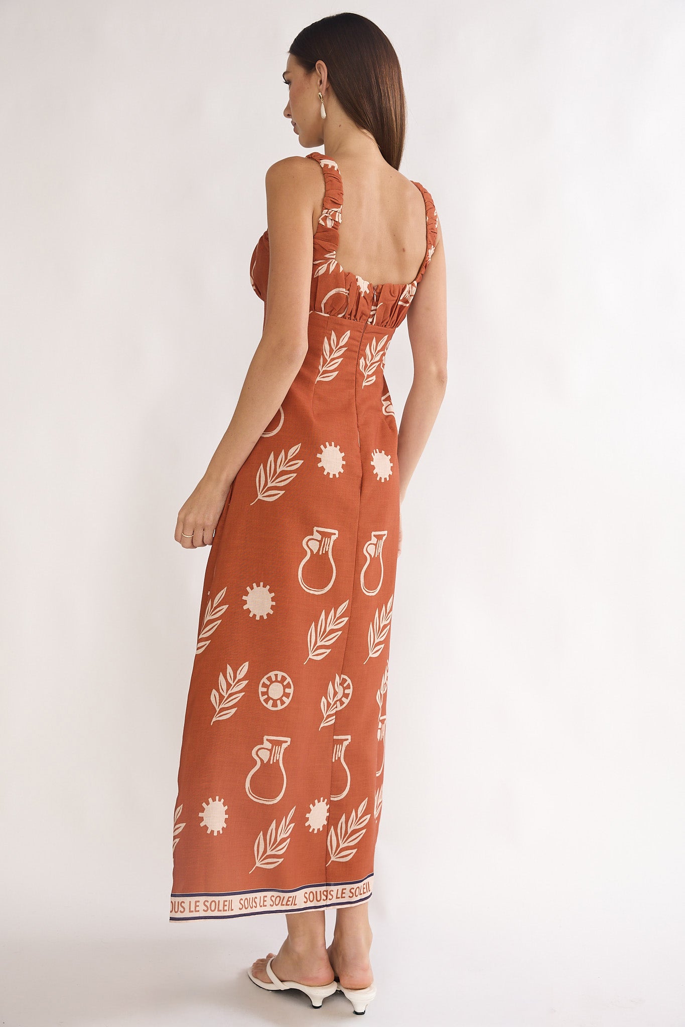 Aila Gathered Bust Maxi Dress Print Tan by Selfie Leslie Australia