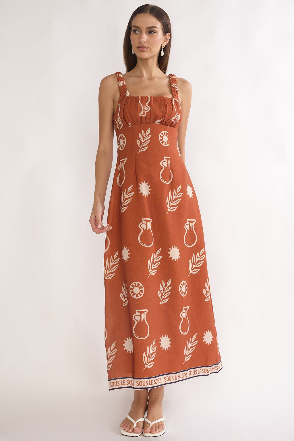 Aila Gathered Bust Maxi Dress Print Tan by Selfie Leslie Australia