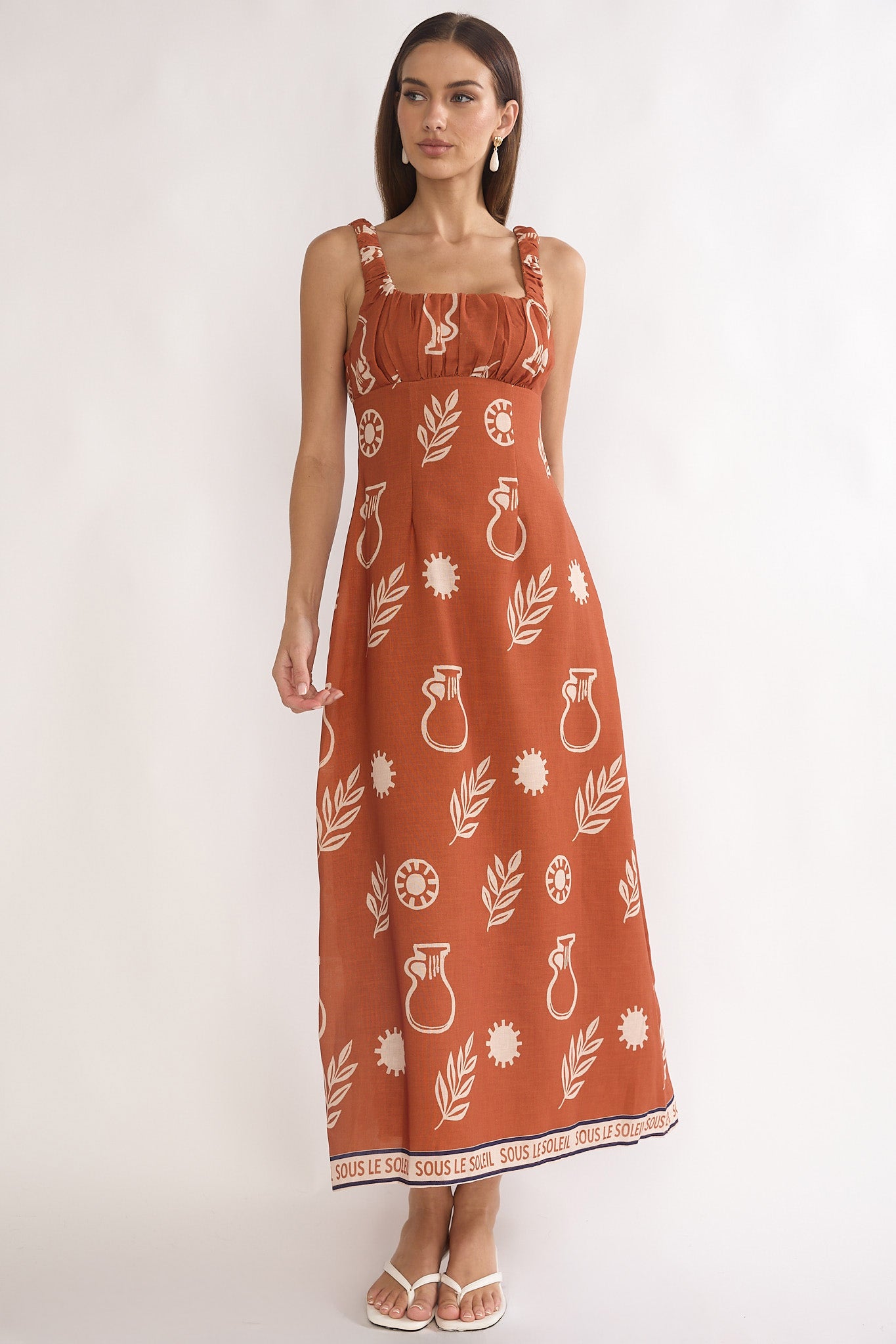 Aila Gathered Bust Maxi Dress Print Tan by Selfie Leslie Australia