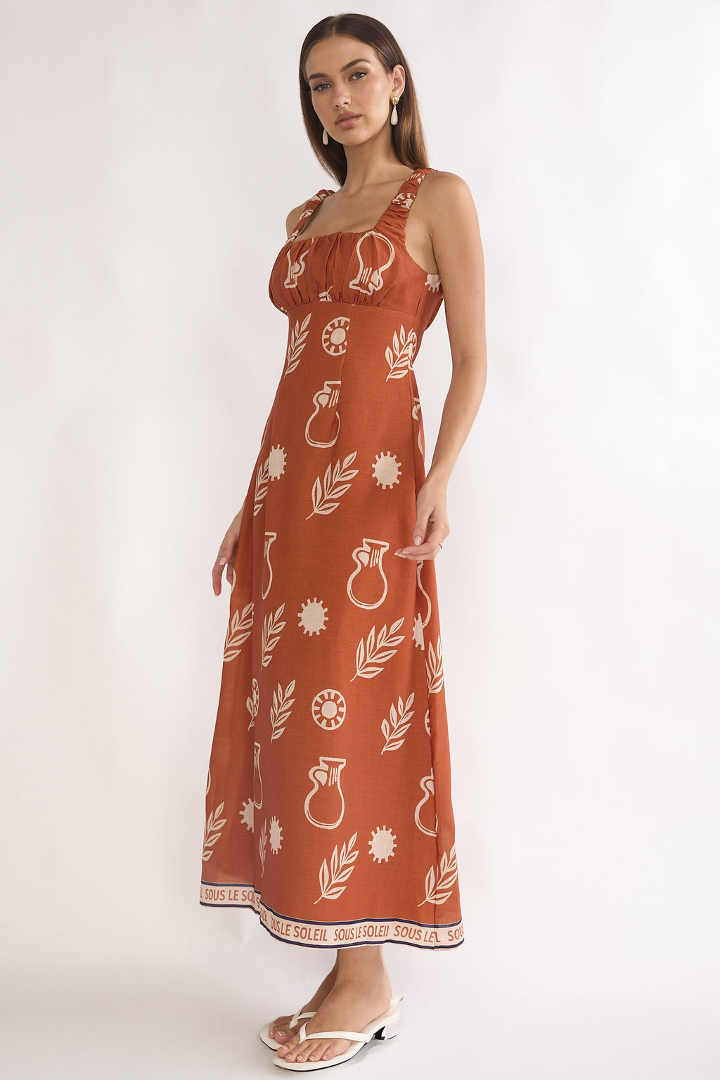 Aila Gathered Bust Maxi Dress Print Tan by Selfie Leslie Australia
