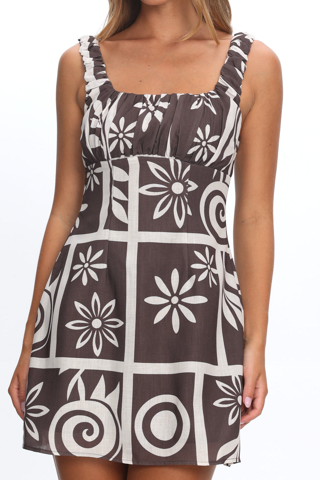 Aila Gathered Bust Mini Dress Print Chocolate by Selfie Leslie Australia