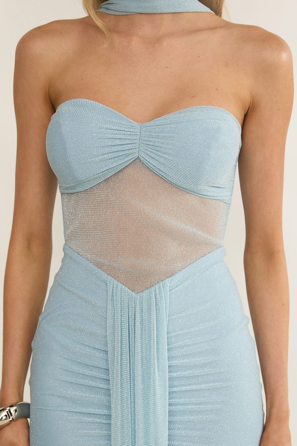 Elma Bandeau Sheer Shimmer Maxi Dress Ice Blue by Selfie Leslie Australia